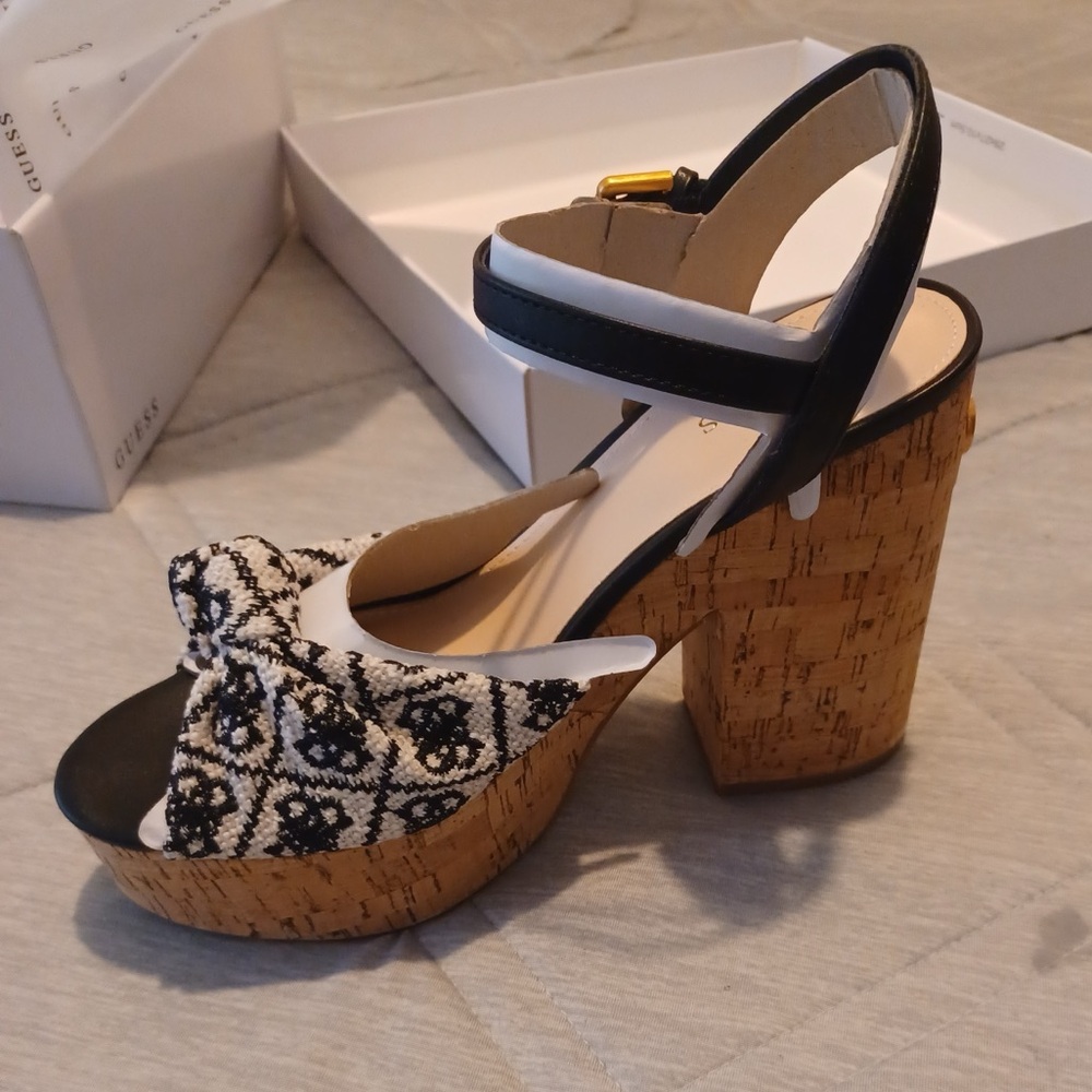 Guess Black and White Patterned Platform Sandals